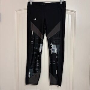 Under Armour HeatGear Compression Leggings Womens Large Black Graphic Print Crop